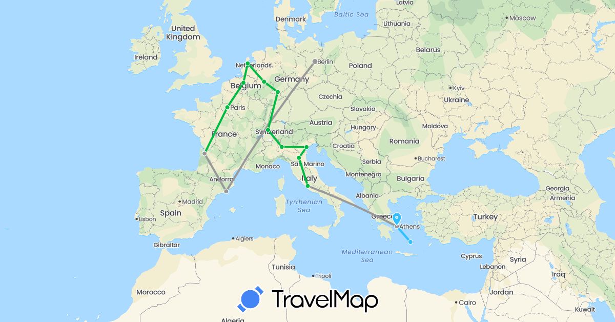 TravelMap itinerary: driving, bus, plane, boat in Belgium, Switzerland, Germany, Spain, France, Greece, Italy, Netherlands (Europe)